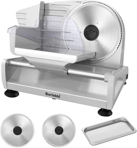 Cortadora de carne, máquina cortadora de carne de 200W para el hogar, motor DC silencioso cortadora de fiambre con 2 cuchillas de acero inoxidable
