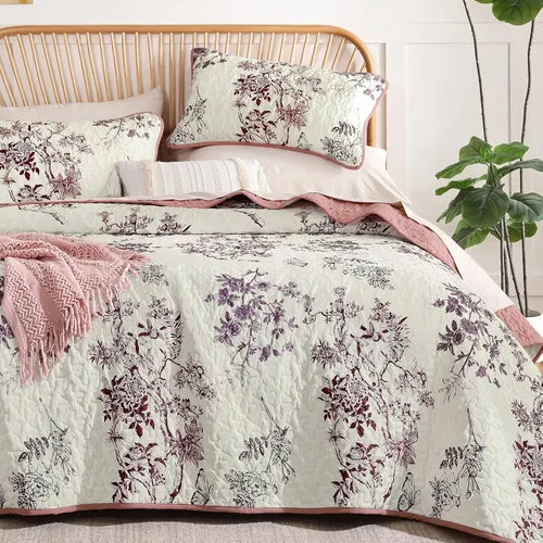 Miniatura 12 de WONGS BEDDING Juego de edredón floral matrimonial, juego de colcha con patrón botánico azul para mujeres, adolescentes y niñas, juego de ropa