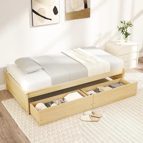 Miniatura 7 de Giantex Base de cama de plataforma de tamaño individual con 2 cajones de almacenamiento, marco de cama de madera maciza, base de colchón de soporte