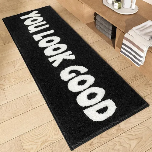 Alfombra de baño con texto en blanco y negro con texto en inglés "You Look Good", divertida y bonita, decoración de baño, pequeña, fresca,