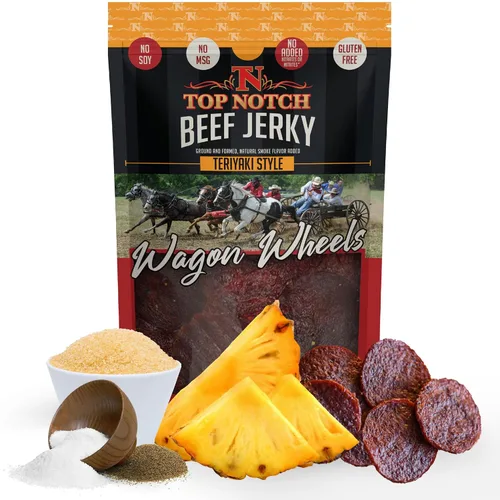 Miniatura 19 de Top Notch Wagon Wheels Jerky – Snacks altos en proteínas para niños y adultos hechos de carne de res criada localmente – Rondas sabrosas de carne