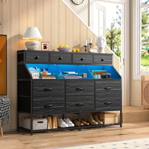 Miniatura 7 de EnHomee Cómoda para dormitorio con 10 cajones y zapatero de tela con luces LED y tomas de corriente, tocador de dormitorio para entrada, pasillo