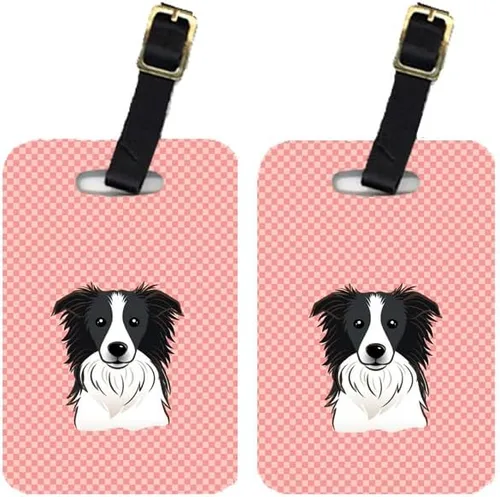Caroline's Treasures BB1241BT - Par de etiquetas de equipaje con borde collie de color rosa de tablero de ajedrez para maletas, etiquetas de viaje
