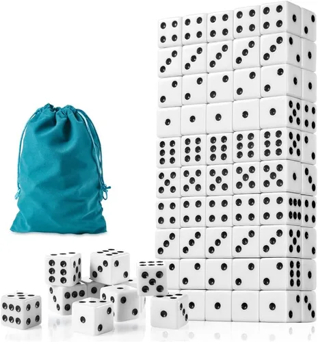 Juego de dados de 100 piezas, dados blancos estándar de 0.63 pulgadas, dados opacos de seis caras con bolsa, dados blancos a granel de puntos negros
