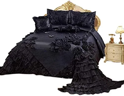 OctoRose Royalty - Colcha negra de gran tamaño para boda, bonito juego de cama para tamaño Queen (102 x 110), juego de 5 piezas con 2 fundas de