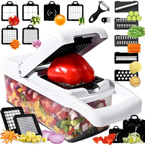 Picador de verduras 25 en 1 con 13 cuchillas, cortador de mandolina, picador de alimentos con recipiente, rallador de queso, picador de cebolla para