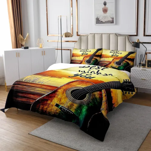 Miniatura 9 de Castle Fairy Cowboy Boots Bedspread Twin Size Bohemia Musical Guitar Coverlet Set Boys Bedroom Present Western Rustic Cowgirl Decor Bedding Set