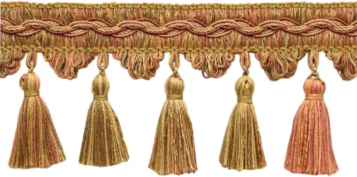 Colección Veranda de 3 1/2 pulgadas (3.3 in) elegante ribete de flecos con borlas festoneadas (estilo # VTF035) Sunset Beige Multicolor #VNT9 (beige