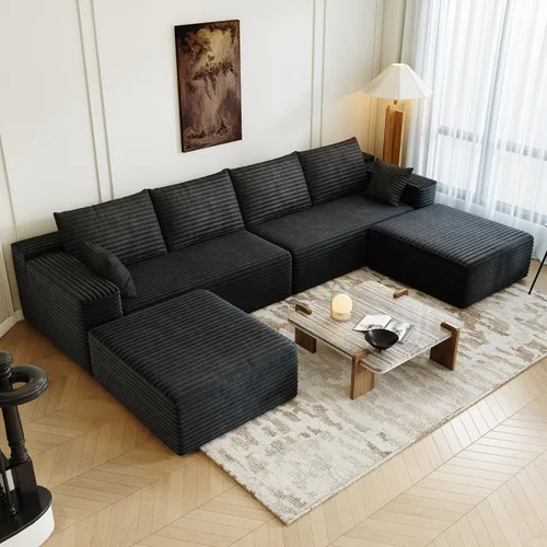 Sofá seccional modular de 139.4", sofás minimalistas en forma de U con 2 otomanas chaise, sofá cama convertible moderno de asiento profundo, tela de