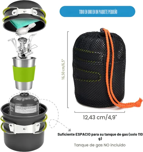 Miniatura 2 de Odoland Utensilios de cocina para camping con estufa, mosquetón, soporte para cartucho trípode y taza de acero inoxidable, soporte para tanque, kit