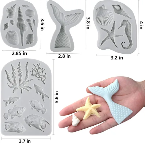 Miniatura 3 de Sakolla 4 piezas de moldes de silicona para fondant con tema marino, moldes de silicona en forma de cola de sirena, concha marina y estrella de mar