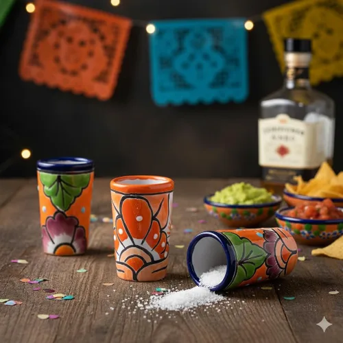 Miniatura 3 de Juego de 4 vasos de chupito Talavera auténticos mexicanos para tequila - Pintados a mano - 2 Oz (Flores naranjas)