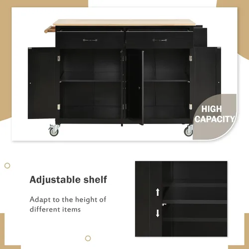 Miniatura 6 de Merax Carrito móvil de isla de cocina con tapa de madera y ruedas de bloqueo, armarios de 4 puertas y 2 cajones, estante para especias y toallas