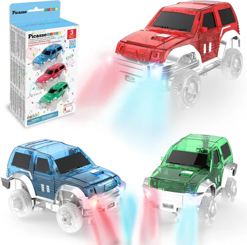 PicassoTiles Juego de 3 autos de juguete magnéticos con luz LED, altamente detallado, compatible con imán, carreras, pistas de carreras, accesorios