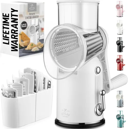 Miniatura 12 de Zulay Kitchen Rallador rotativo de queso de 5 cuchillas, rallador de queso manual de manivela con succión reforzada y 5 tambores intercambiables