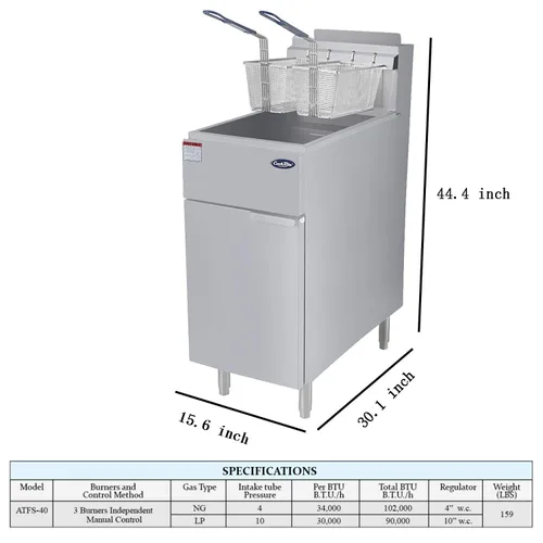 Miniatura 4 de CookRite ATFS-40 Freidora comercial con cestas, 3 tubos de acero inoxidable, freidoras de piso de gas natural, 102000 BTU