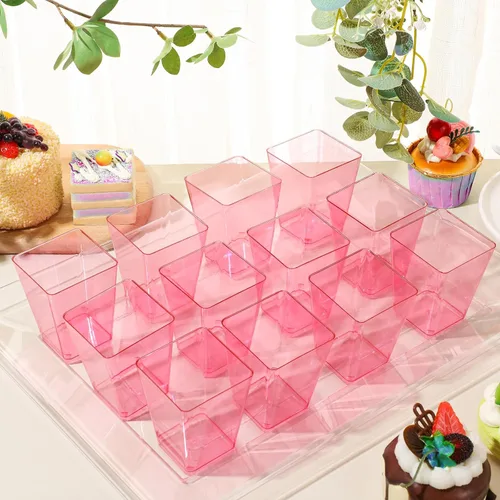 Miniatura 7 de Mifoci 50 tazas de plástico de 5 onzas para postre de color rosa para fiestas, mini tazones cuadrados desechables para postre, cuencos de parfait