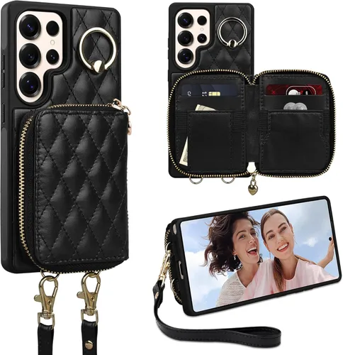 Miniatura 32 de Funda tipo cartera para iPhone 15 de 6.1 pulgadas, bolso cruzado con cremallera y correa para la muñeca con cordón para mujer, tarjetero con bloqueo