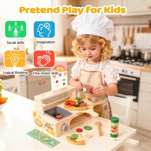 Miniatura 2 de Juego de comida de madera para niños, juego de hamburguesas de juguete de comida rápida, accesorios de cocina para niños pequeños, regalo de comida