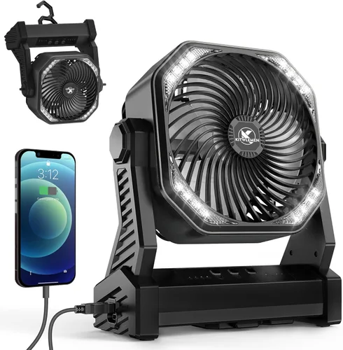 Miniatura 9 de KITWLEMEN - Ventilador de campamento alimentado por batería de 20 000 mAh, refrigeración máxima de 58 horas, 4 velocidades, luz brillante y gancho