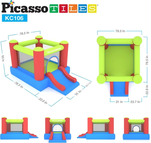 Miniatura 6 de PicassoTiles KC106 Castillo inflable junior de 8x7 pies, parque infantil, casa de rebote y tobogán inflable, casa de juego con tobogán con 50 bolas