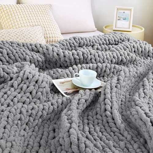 Admitrack Manta de Punto Grueso, Manta de Chenilla 100% Tejida a Mano para Sofá y Decoración del Hogar, Mantas de Punto Suaves y Acogedoras (Gris