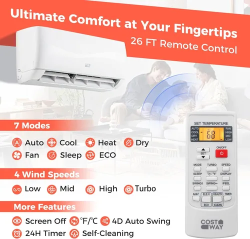 Miniatura 6 de COSTWAY Aire acondicionado y calentador mini split de 9000BTU, 19 SEER2 115 V, unidad de CA sin conductos montada en la pared, enfría habitaciones