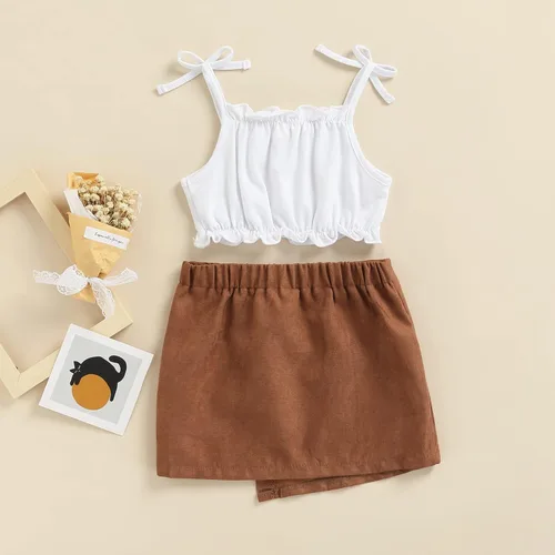 Miniatura 117 de TheFound Trajes de verano para niñas pequeñas, sin mangas, de punto acanalado, halter, pantalones cortos, ropa para recién nacidos, conjunto de 3