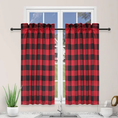 Simple Deluxe 2 cortinas de cocina a cuadros de búfalo, cortinas cortas a cuadros para ventanas de media cafetería, 26 pulgadas de ancho x 36 Negro