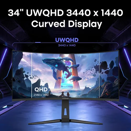 Miniatura 2 de Amzfast Monitor curvo de 34 pulgadas 200Hz UWQHD (3440x1440) Monitor de juegos, 1ms G-SYNC compatible, 1500R, PIP/PBP, 131% sRGB