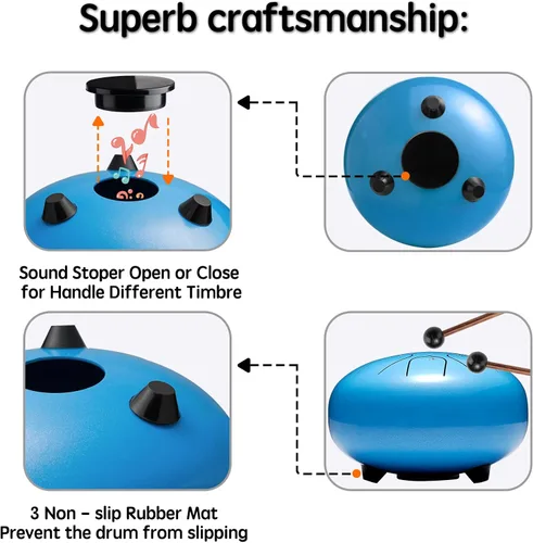 Miniatura 7 de Lronbird Tambor de lengua de acero, instrumento de percusión de 8 notas de 6 pulgadas para educación musical, meditación, relajación, calmante, Azul