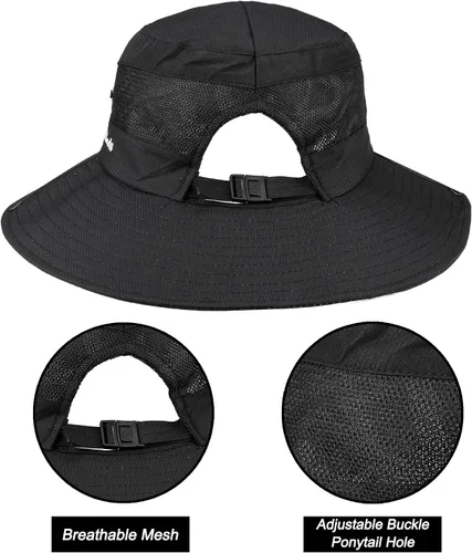 Miniatura 24 de Sombrero de sol de verano para mujer, cola de caballo – Protección UV de malla de ala ancha plegable con agujero para cola de caballo