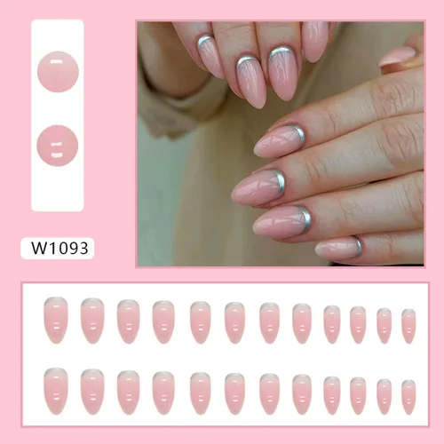 Miniatura 5 de Uñas postizas a presión en forma de almendra, uñas postizas medianas y brillantes, uñas adhesivas con punta francesa, cobertura completa, uñas