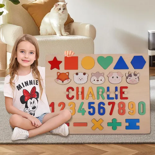 Miniatura 8 de Rompecabezas personalizado con nombre para niños pequeños de 1 a 3 años, bloques de madera con letras, números y formas, regalos personalizados