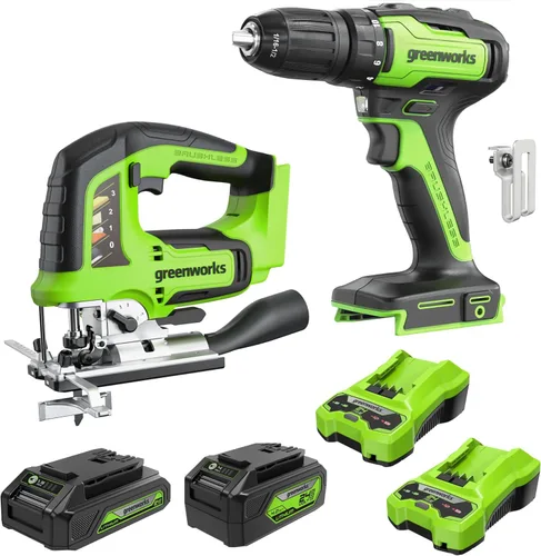 Miniatura 24 de Greenworks - Taladro de impacto inalámbrico de 24 V y kit de luz de trabajo 2 en 1 con 2 baterías de 2 Ah y cargador – Sin escobillas, liviano