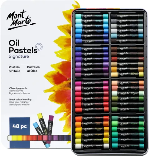 Mont Marte Pasteles al óleo en caja de metal Signature 48 piezas, 48 colores surtidos, juego de pasteles al óleo vibrantes, excelente para mezclar y