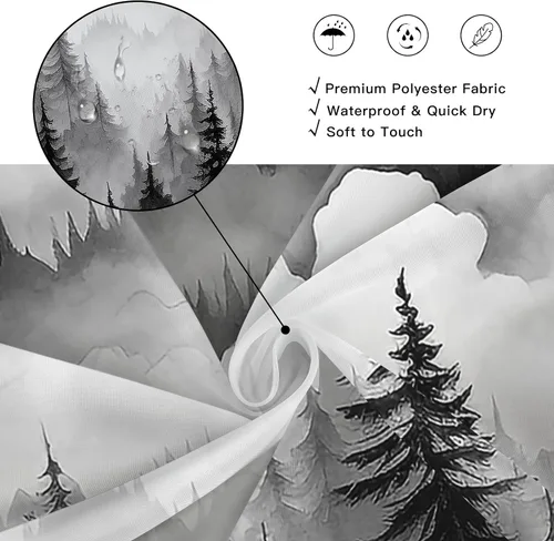 Miniatura 4 de Cortina de ducha pequeña de 36 x 72 pulgadas, cortina de medio tamaño de bosque brumoso, cortina de ducha estrecha mitad negra y blanca de montaña