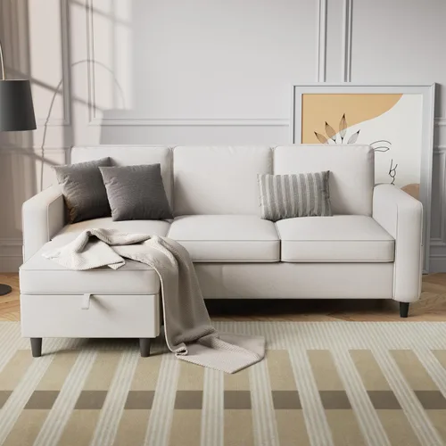 Miniatura 7 de Sofá seccional y sofás para sala de estar, sofá beige de 3 plazas en forma de L de 78 pulgadas con otomana de almacenamiento, sofás seccionales