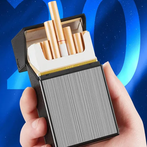 Miniatura 2 de Caja de cigarrillos con encendedor, 20 de capacidad, portátil, soporte para caja de cigarrillos, encendedor de doble arco, 2 en 1, recargable por