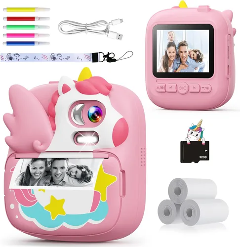 Miniatura 9 de Cámara de impresión instantánea para niños, cámara de pantalla de 2.4 pulgadas para niños, dinosaurio, cámara digital con tarjeta de 32 GB y 3 Verde