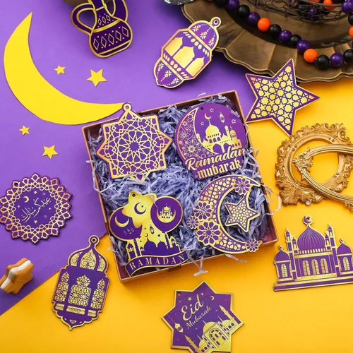 Miniatura 2 de Panelee 36 adornos de Ramadán para árbol Eid Mubarak decoración colgante de madera de castillo, faroles de estrella, luna, decoración islámica