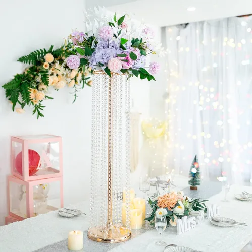 Miniatura 9 de Jarrones de boda de metal de 35.4 pulgadas de alto para centros de mesa: juego de 2 soportes de flores con cristales acrílicos, elegantes soportes