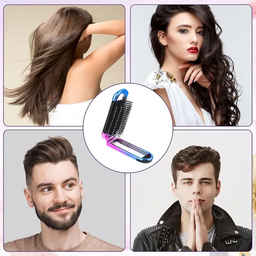 Miniatura 7 de Mini cepillo de pelo de viaje, pequeño cepillo plegable compacto con espejo y punta redonda cerdas de nailon para mujeres y hombres, peine portátil