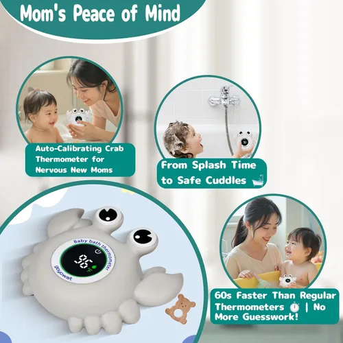 Miniatura 6 de Termómetro de baño para bebé, juguete de cangrejo – Termómetro digital flotante de agua con pantalla LED y alertas de color para bebés, bonito