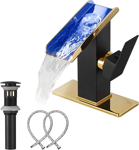 Miniatura 11 de Grifo de Recipiente Negro para Baño Cascada Boquilla Abierta LED Cambio de Color por Temperatura Grifo de Lavabo para Fregadero de Tazón Mango