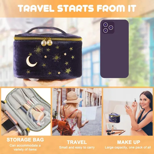 Miniatura 4 de Patelai 2 bolsas de maquillaje de terciopelo con estrellas y luna, bolsas de cosméticos góticas bordadas, bolsa de maquillaje portátil de viaje