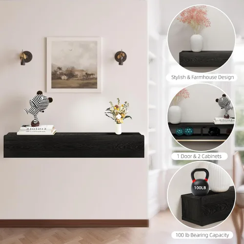 Miniatura 4 de Mesa consola flotante de madera maciza, mesa de entrada estrecha montada en la pared de 32 pulgadas con estante de almacenamiento, estantes modernos