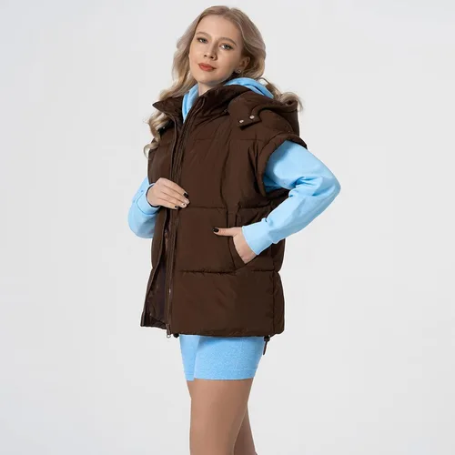 Miniatura 54 de Shiyifa Chaleco acolchado para mujer, chaqueta de gran tamaño, sin mangas, ligera, con cremallera, con capucha desmontable