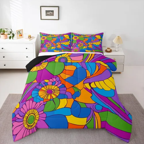 Miniatura 15 de Juego de ropa de cama con estampado floral bohemio, tamaño individual, diseño retro de flores groovy, 60S y 70S, juego de edredón de flores hippie