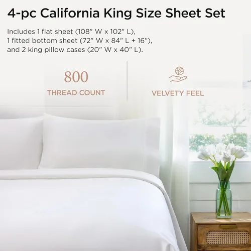 Miniatura 2 de Threadmill Sábanas de lujo de 800 hilos tamaño California King, 100% algodón, sábanas de tejido satén blanco estilo hotel, mejor que el algodón